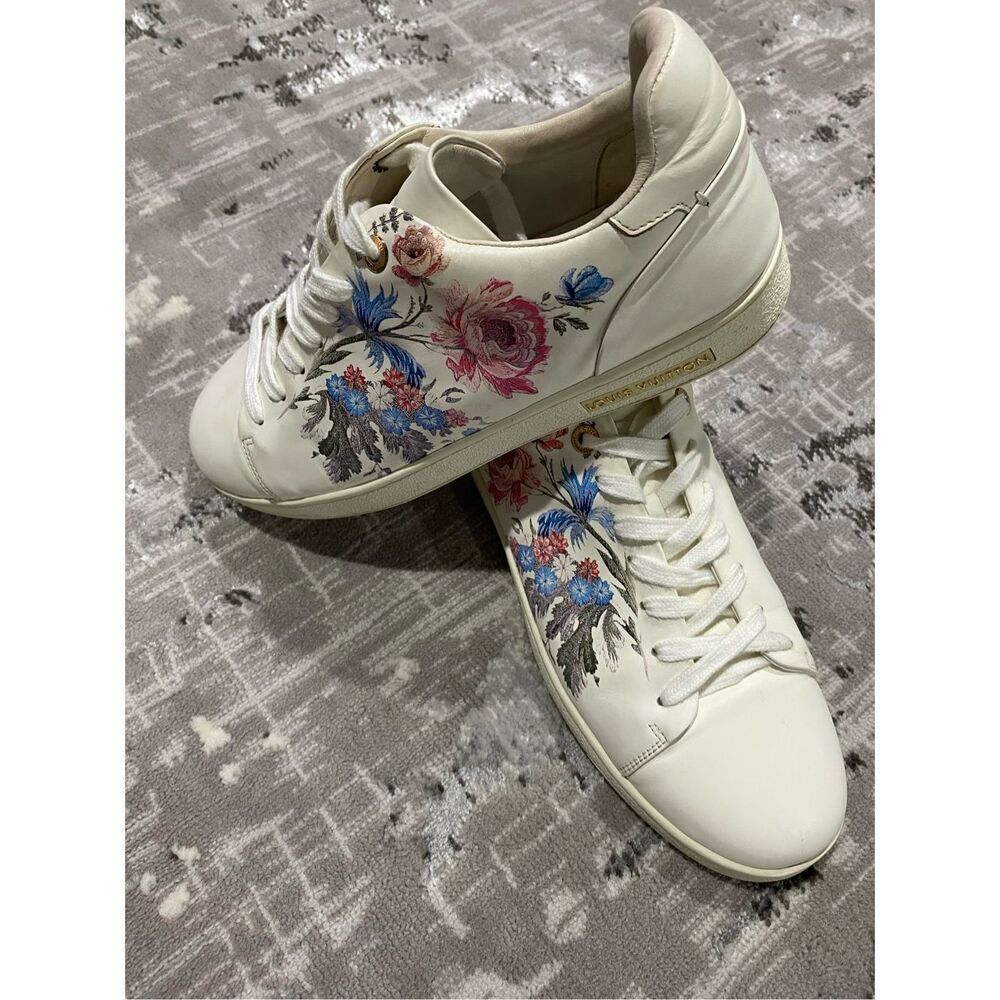 Size 43/44-10 1/2 Louis Vuitton ultra soft leather sneakers with floral detail.